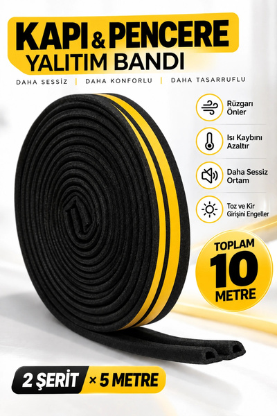 ellante Siyah Kapı Pencere Yalıtım Bandı 10 Metre, Kendinden Yapışkanlı Çift ...
