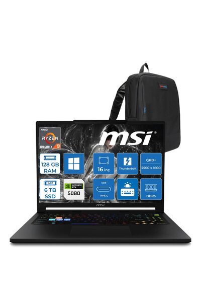 MSI Raider A16 HX Ryzen 9 8940HX 128GB 8TB SSD RTX 5080 16" W11PRO 008TRP54 + Zetta Çanta