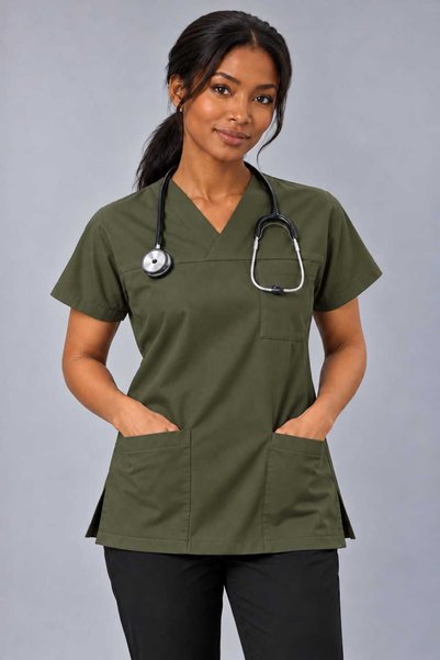 EMİR MEDİKAL (E-Flex) Khaki Green Lycra Women's Single Top Non-Ironing Nurse and Doctor Uniform Scrubs Hospital Uniform