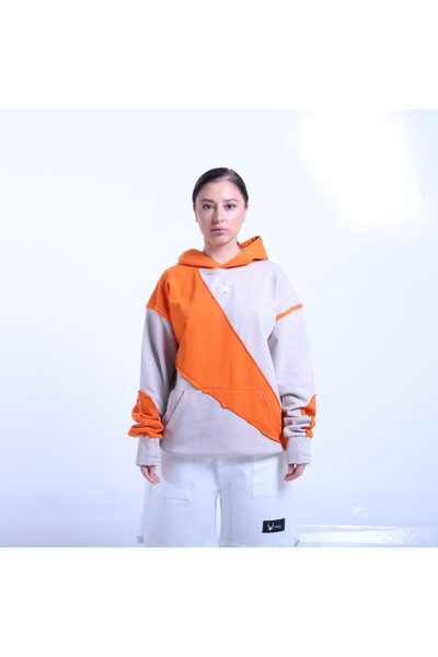 Adax Unisex Oversize Hoodie Loose Fit Winter Hooded Sweatshirt - Slash Beige and Orange