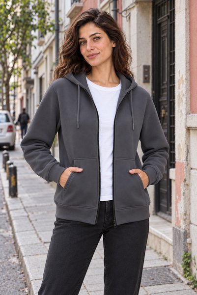 Quanlex Winter Hooded Zippered Cardigan with Fleece Pockets Smoked Color Women's Sweat Jacket