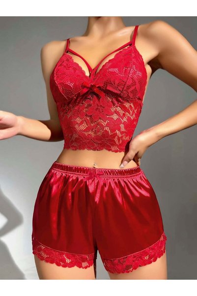 Bezos Women's Red Lace Detailed Shorts Set Satin Nightgown 2293