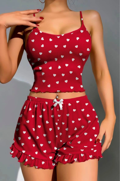 SENORAMODA Cotton Red over White Heart Pattern Ribbed Strap Shorts Pajama Set