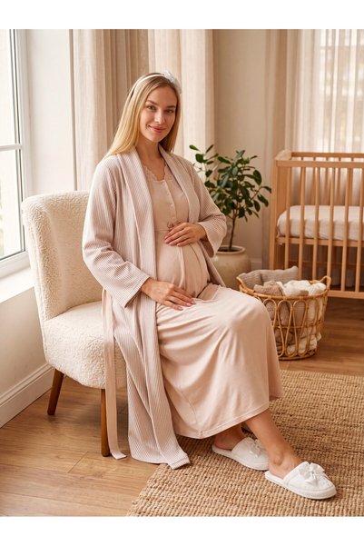 Lohussa New Season Beige Jacquard Shawl Collar Full Length Winter Breastfeedi...