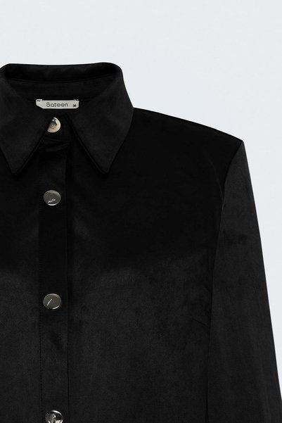 Sateen Çıtçıt Detaylı Süet Gömlek - Siyah