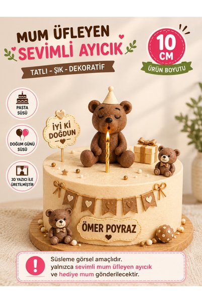 plicolayer Sevimli Ayıcık Mum Üfleyen Doğum Günü Süsü Dekoratif 3D Baskı Ayıc...