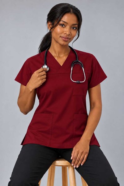 EMİR MEDİKAL (E-Flex) Burgundy Lycra Women's Single Top Non-Ironing Nurse and Doctor Uniform Scrubs Hospital Uniform