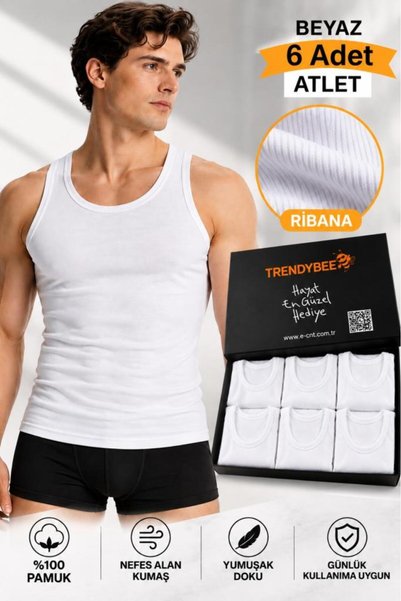 trendybee Men's Ribana Undershirts 6-Pack Cotton Comfortable Cut Economical i...