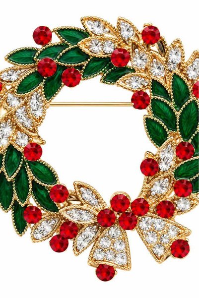 VeeShop Brosa de Craciun, coronita din frunze verzi, decorata cu cristale, cu...
