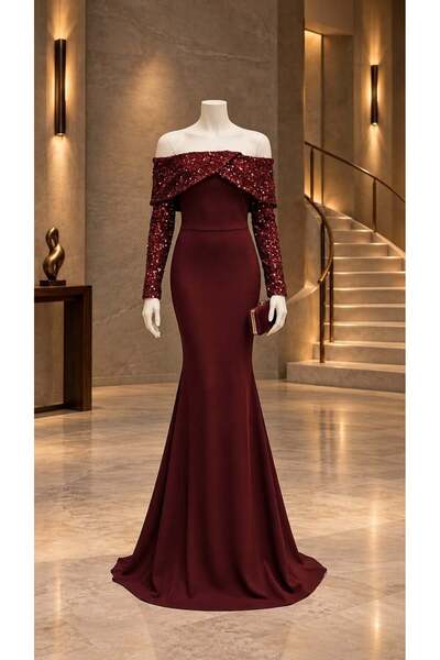Modafeminen Bordo Kayık Yaka Pul Detaylı Balık Abiye Elbise 583435