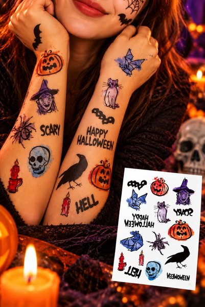 BP Tattoo Cadılar Bayramı (Halloween) Temalı Renkli Geçici Dövme Seti - Balka...