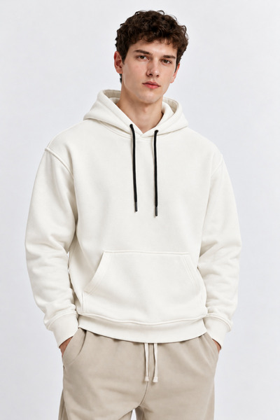 COMBİNE MİCHAİL Men's White Kangaroo Pocket Hooded Sweatshirt