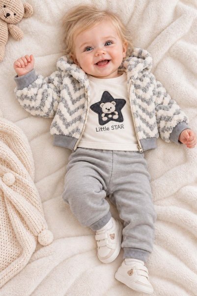 dinamik çocuk Baby Boy Plush Hooded Zippered Cardigan Teddy Bear Embroidered Long Sleeve Badi and Sweatpants 3-Piece Set
