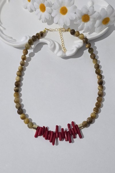 c-bhadu naturel Certified 8 mm Yellow Opal, Red Coral Natural Stone Necklace