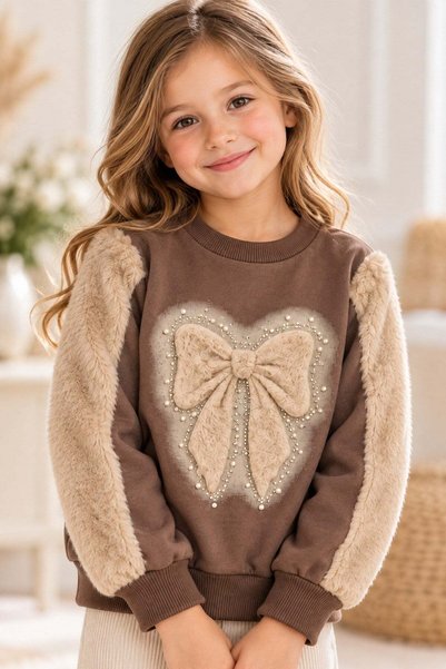 dinamik çocuk Girl's Plush Heart Bow Detailed Embroidered Single Top Sweatshirt with Stone Embroidery and Furry Sleeves Bicycle Y