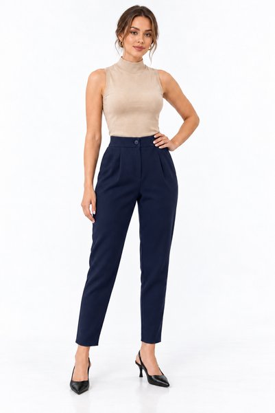 Abruzzo Navy Blue Narrow Leg Women's Carrot Trousers Pleated High Waist Buttoned Zippered Seasonal Fabric