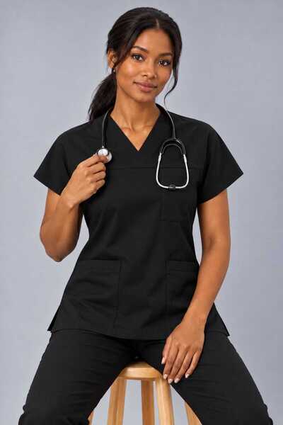 EMİR MEDİKAL (E-Flex) Black Lycra Women's Single Top Non-Ironing Nurse and Doctor Uniform Scrubs Hospital Uniform