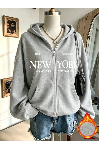 MITHRAS OUTDOORS Unisex Gray Newyork White Printed Zippered Sweatshirt Printe...