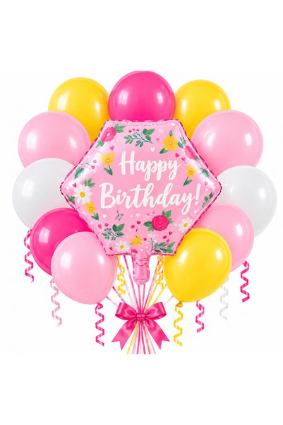 genaja Set Baloane Happy Birthday Roz Floral cu 10 Baloane Latex Fucsia, Galb...