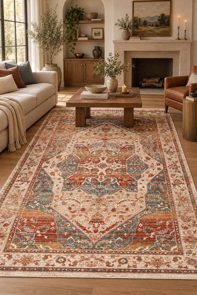 livoya home ZİHAN Vizon Kiremit Renkli Vintage Degrade Salon Oturma Odası Hal...
