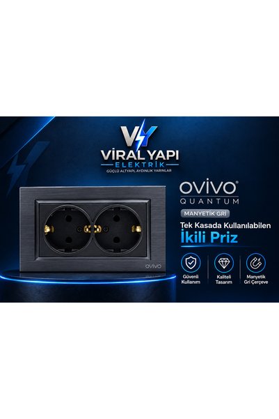 OVİVO Quantum Manyetik Gri Tek Kasada Kullanılan İkili Siyah Topraklı Priz