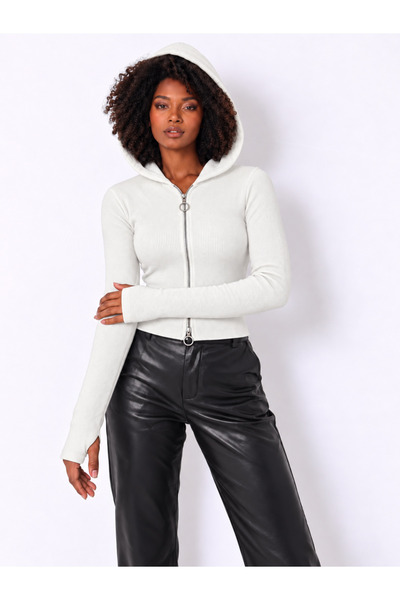 Teenage Millionaire Women's White Double Zipper Hooded Ribbed Camisole Blouse