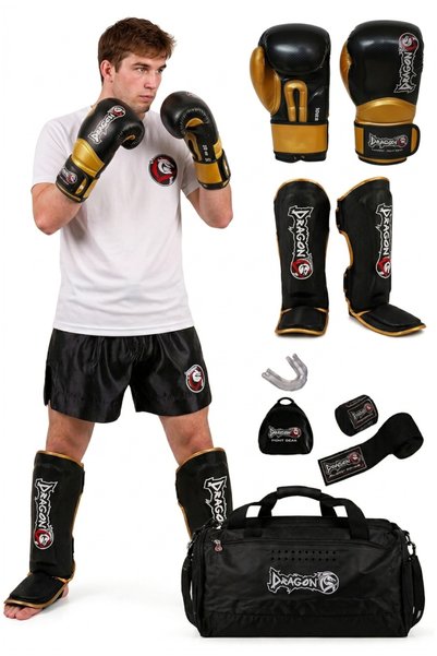 Dragondo Carbon Kick Boxing Muay Thai 5-Piece Set - Gloves, Shin Guard, Banda...