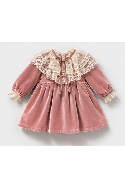 İlknur Karaca Design Pudra rengi kadife kız çocuk uzun kollu vintage özel gün...