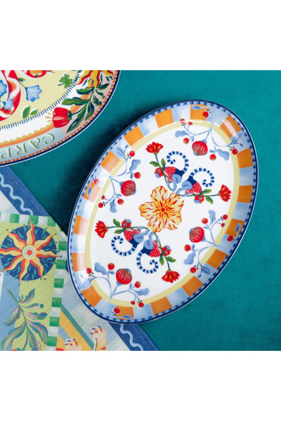 Baci Milano Dolce Far Niente Çiçek Desenli Oval Porselen Servis 31x22 cm