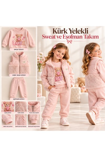 Happy Mini Kids Kız Çocuk Peluş Detaylı Şişme Yelek Ayıcık Nakışlı Sweatshirt...