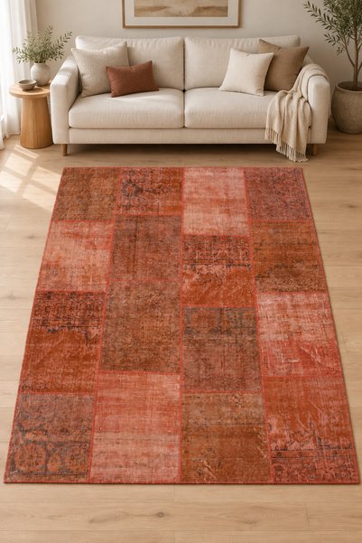 Kiremit Eskitme Patchwork %100 El Halısı Pamuk Kaymaz Taban Yıkanabilir Salon Halısı Kilim