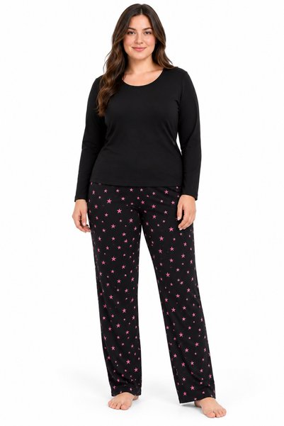 FAMES PİJAMA Büyük Beden Kadın Pijama Altı Pembe Yıldız Desenli (Yalnızca Alt)