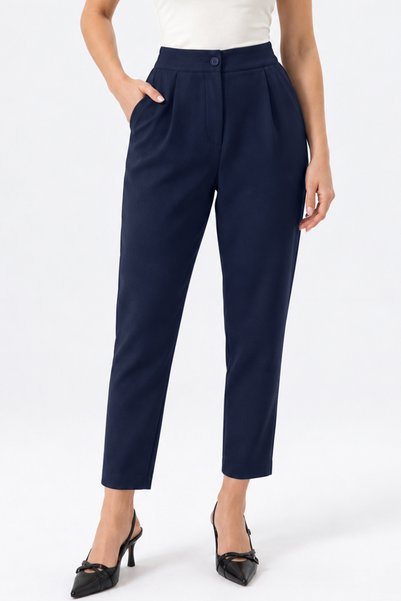 Abruzzo Navy Blue Narrow Leg Women's Carrot Trousers Pleated High Waist Butto...