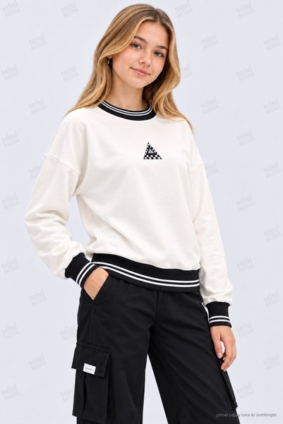 Minimoda Kids Kız Çocuk Bisiklet Yaka Çizgili Ribana Detaylı Üçgen Baskılı Sweatshirt