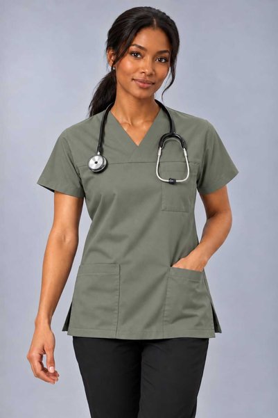 EMİR MEDİKAL (E-Flex) Olive Green Lycra Women's Single Top Non-Ironing Nurse and Doctor Uniform Scrubs Hospital Uniform
