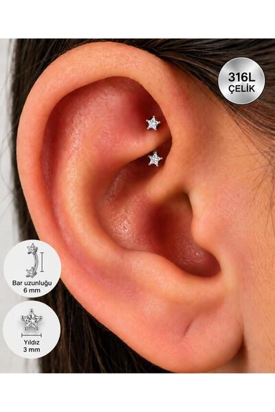Arescollection 316L CERRAHİ ÇELİK YILDIZ ZİRKON TAŞLI 1 ADET ROOK PİERCİNG 6 ...