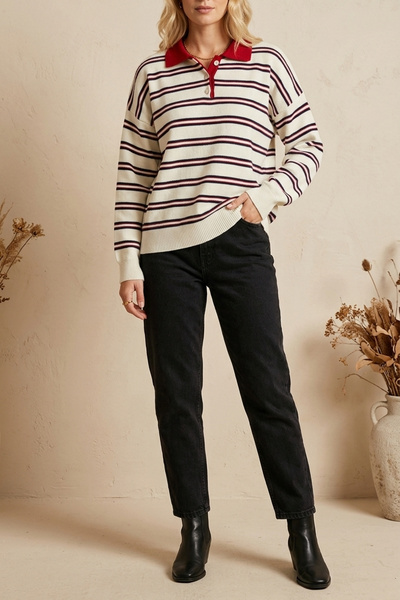 mefru Women's Horizontal Striped Buttoned Collar Long Sleeve Basic Knitwear S...