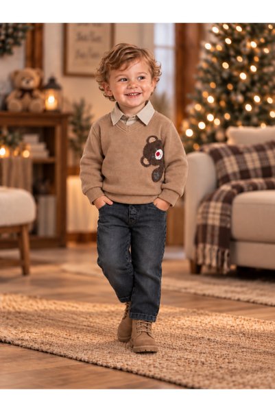 Çocukos Baby Boy 100% Cotton Knitwear Sweater-Looking Teddy Bear Embroidered ...