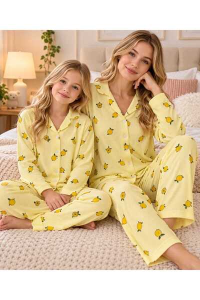 zahider Mother Daughter Cotton Lemon Print Draped Comfortable Fabric Long Sleeve Winter Pajamas Set