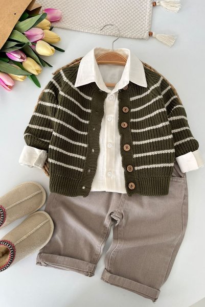 Minigimin Cicileri Striped Knitwear Cardigan Baby Boy 3-Piece Sports Set - Khaki