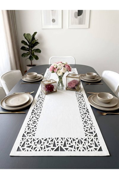 Ergüven Home White Suede Fabric Runner 40X140 cm Table Length - Geometric Tri...
