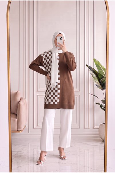 MİHRA STORE Sabiser Half Square Checkered Cold Thread Tunic-Sy3376 Milky Coffee