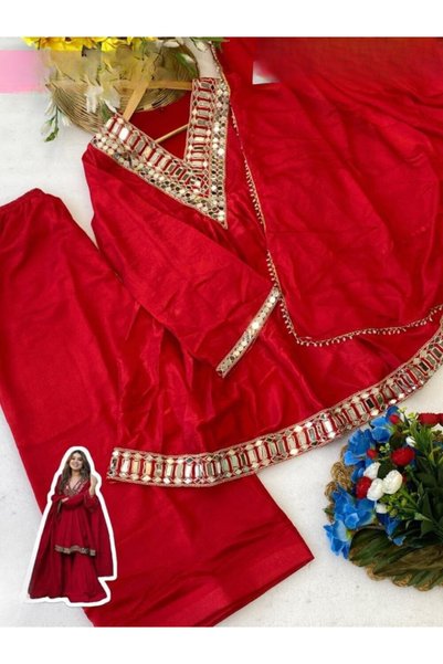 MYSMAR Red Chinon Mirror-Work Kurta Sharara Suit Set - FFT7504 | Red-Size:S-3...