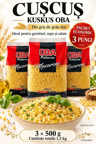 OBA Makarna Cușcuș (Kuskus), din griș de grâu dur – Pachet economic 3 × 500 g