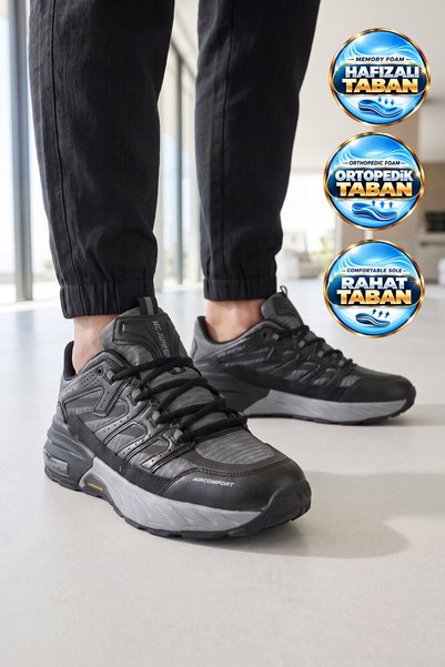 AYK'S Rahat Ortopedik Taban Bağcıklı Siyah-Füme Erkek Yürüyüş ve Spor Ayakkabı Sneaker 2427