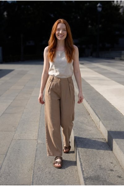 MuwFashion Çift Patlı Gabardin Pantolon Kadın Yüksek Bel Geniş Paça %100 Pamuk