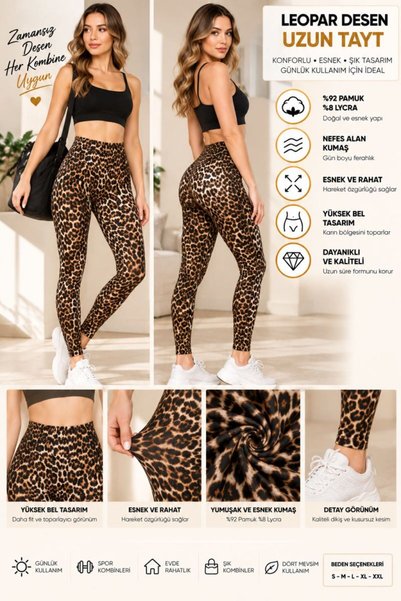 Royaleks Women's Leopard Patterned High Waist Long Leggings - 92% Cotton 8% L...