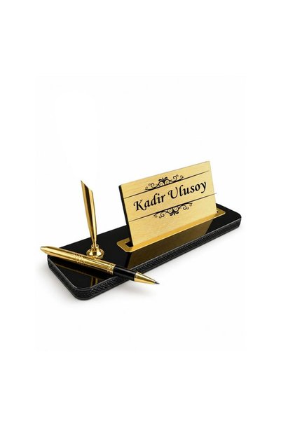 Hediye Vakti Motifli Lüks Masa İsimliği - Kalemli Kişiye Özel Ofis Masa Seti Siyah Gold