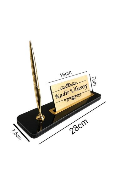 Hediye Vakti Motifli Lüks Masa İsimliği - Kalemli Kişiye Özel Ofis Masa Seti Siyah Gold