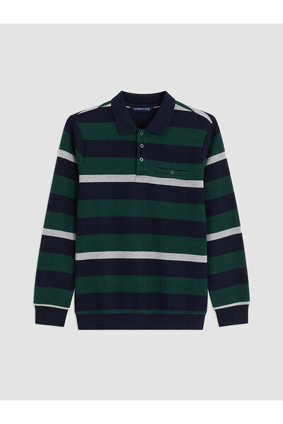 LC Waikiki Peak New Season Green Polo Collar Striped Men's Sweatshirt